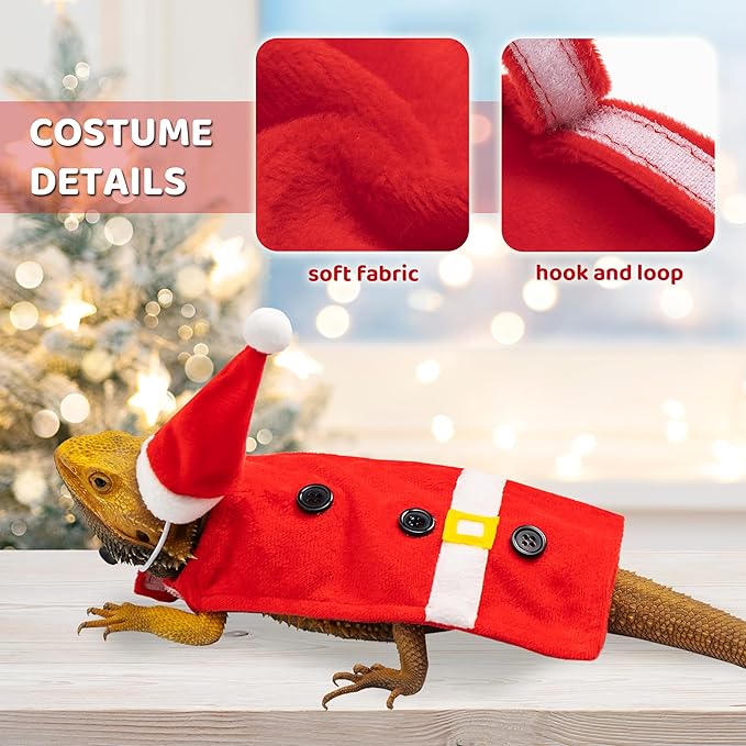 Christmas Bearded Dragon Costume, Cute Red Santa Claus Cosplay Lizard Clothes and Hat Set Outfit, Holiday Pet Costume Accessories for Reptile Small Animals tukoaw