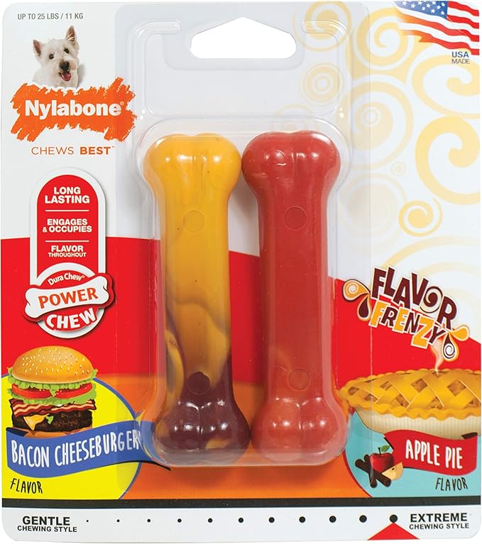 Nylabone Power Chew Flavor Frenzy Bone Chew Toy for Dogs, Indestructible Chew Toys for Aggressive Chewers, Bacon Cheeseburger & Apple Pie Flavor, Small/Regular - Up to 25 Ibs. (2 Count) - PAWPICO