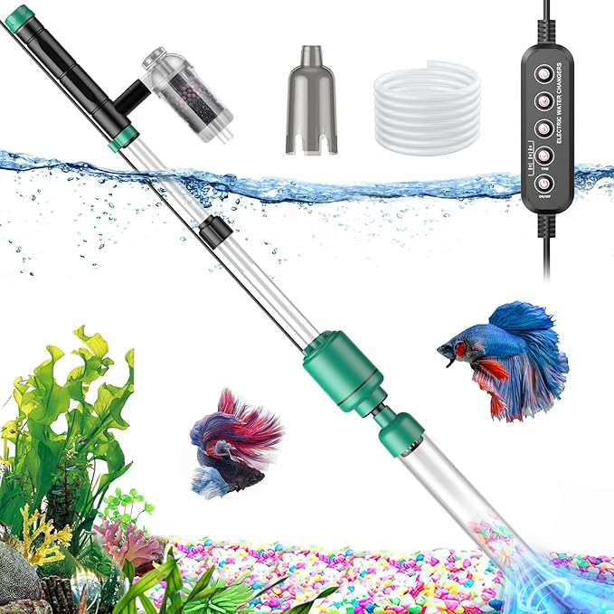 24W Fish Tank Vacuum Gravel Cleaner: Electric Aquarium Vacuum Cleaner with Strong Suction for Automatic Water Change, Remove Dirt Sand Wash Water Shower and Water Circulation, Timed Off Suness