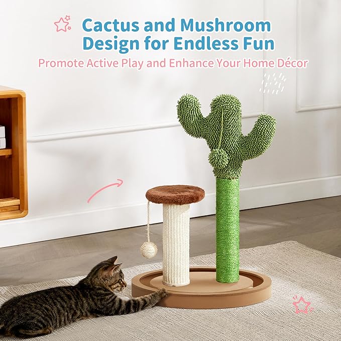 Made4Pets Cat Scratching Post, 21.7" Cactus Kitten Scratcher for Indoor Cats, Mushroom Cute Cat Tree with Sisal Scratch Post, Interactive Game Track Balls with Sturdy Wood Base for Small Kitty - PAWPICO