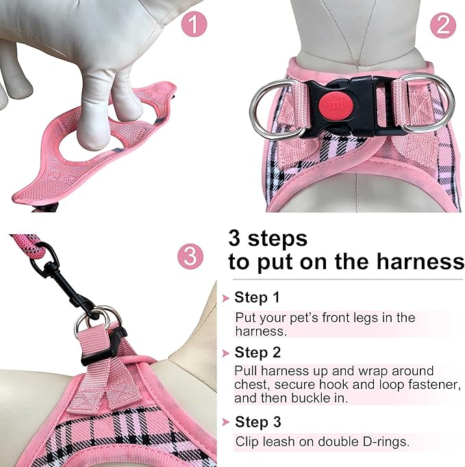 Dog Harness Step-in Breathable Puppy Cat Dog Vest Harnesses for Small Medium Dogs Pink Plaid - PAWPICO