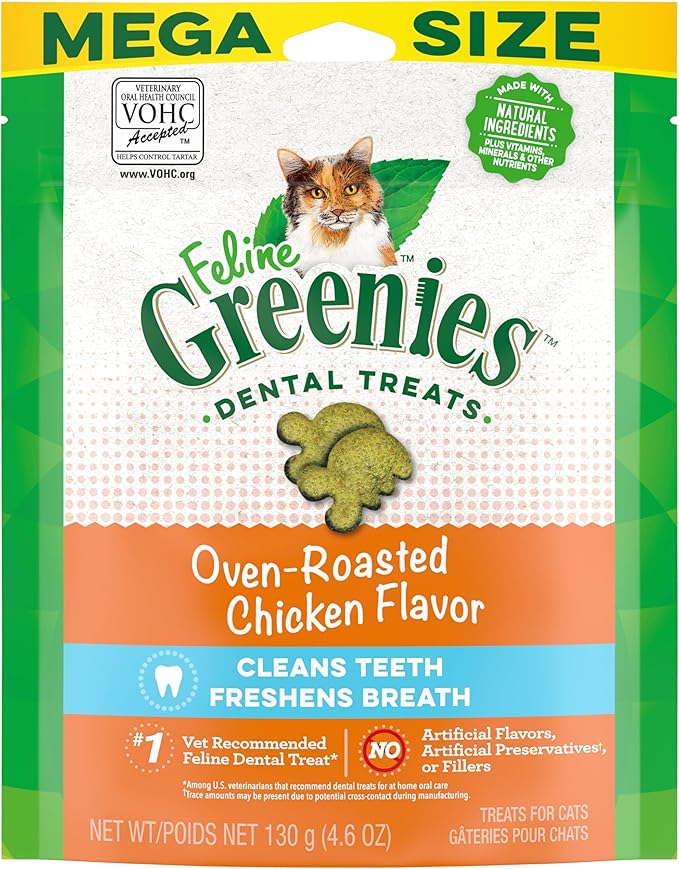 Greenies Feline Adult Natural Dental Care Cat Treats, Oven Roasted Chicken Flavor, 4.6 oz. Pouch GREENIES