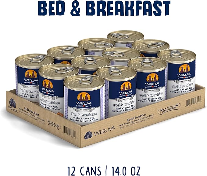 Weruva Classic Dog Food, Bed & Breakfast with Chicken, Egg, Pumpkin & Ham in Gravy, 14oz Can (Pack of 12) - PAWPICO