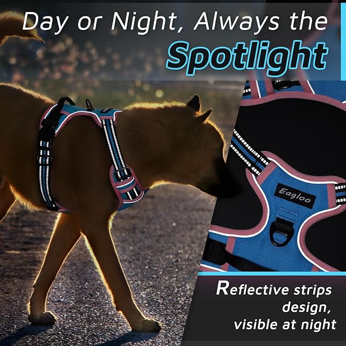 Eagloo Dog Harness for Large Dogs, No Pull Service Vest with Reflective Strips and Control Handle, Adjustable and Comfortable for Easy Walking, No Choke Harness with 2 Metal Rings, Pink & Blue, S GoExplorewithEagloo