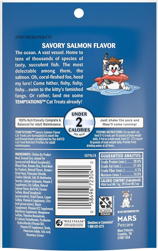 Temptations Classic Crunchy and Soft Cat Treats Savory Salmon Flavor, 3 oz. Pouch (Pack of 12) Temptations