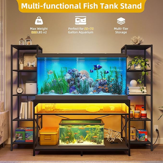 DWVO 55-75 Gallon Aquarium Stand with Power Outlets & LED Light, Display Stand for Turtle Tank, Reptile Terrarium, Heavy Duty Metal Fish Tank Stand Suitable for Living Room, Entryway, 860LBS Capacity DWVO