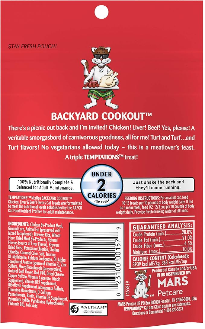 Temptations MixUps Backyard Cookout Flavor Crunchy and Soft Cat Treats, 3 oz. Pouch (Pack of 12) Temptations