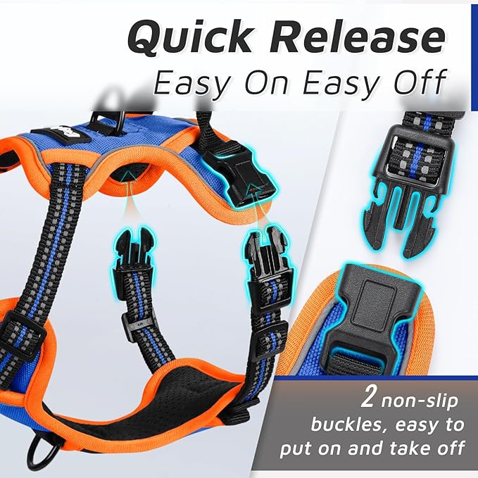 Eagloo Dog Harness for Large Dogs, No Pull Service Vest with Reflective Strips and Control Handle, Adjustable and Comfortable for Easy Walking, No Choke Harness with 2 Metal Rings, Blue & Orange, XS GoExplorewithEagloo