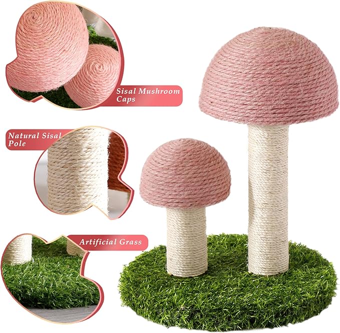 Cat Scratching Post - Mushroom Cat Scratcher Featuring with Natural Sisal Caps Scratch Pole and Sturdy Base for Kittens & Small Cats - Pink - PAWPICO