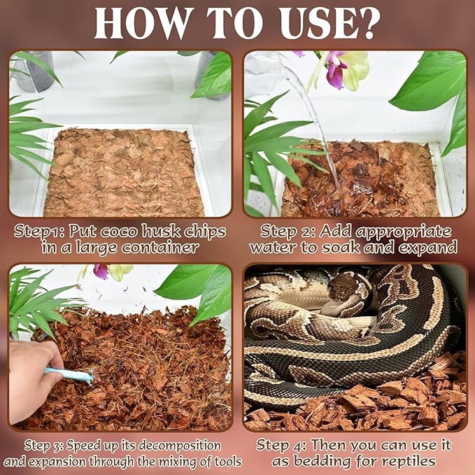 ZeeDix 10LB Coco Fiber Chips Substrate for Reptiles, 72 Quart Coconut Fiber Husk Substrate Mulch Coco Chips Bricks Reptiles Bedding for Geckos, Lizards, Tortoises, Ball Python, Frogs ZeeDix