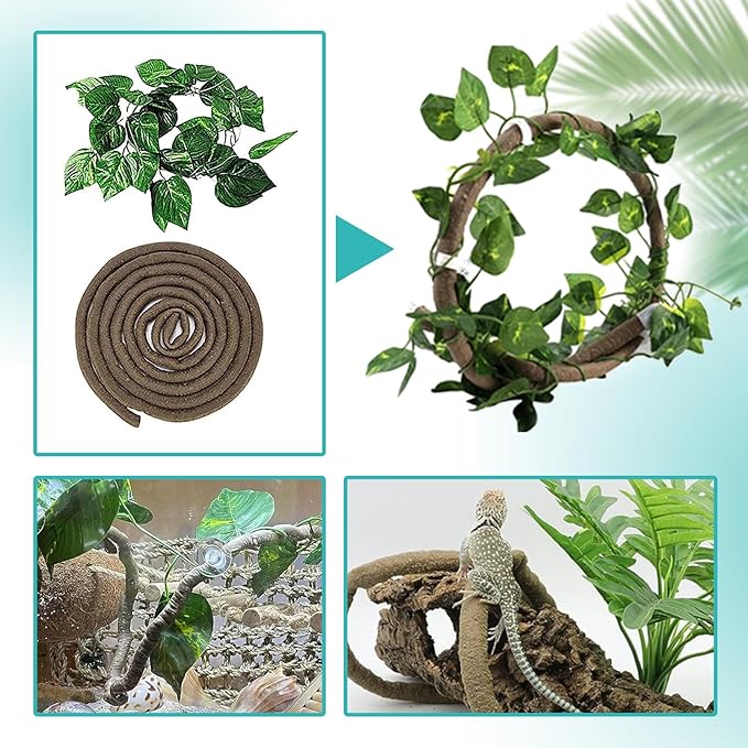 5 PCS Tank Accessories for Bearded Dragon Include Resin Hollow Tree Root Reptile Habitat Hideout Decor Hanging Jungle Vines Flexible Leaves Climbing Decorations for Lizard Gecko Chameleon Spider MUYG