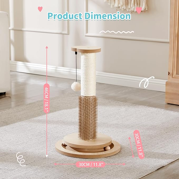 Made4Pets Cat Scratching Post 18" Tall for Small Kittens, 4-in-1 Cat Scratcher with Natural Sisal Ropes, Wooden Turntable Track Toy with Self Grooming Brush, Premium Scratch Pole with Plush Balls - PAWPICO