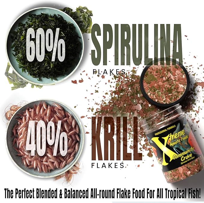 Xtreme Community Crave Flake - Krill & Spirulina Blend for Vibrant Colors, Immune Support and Digestive Health, Tropical & Freshwater Fish Nutrition – Premium Community Aquarium Food (2oz) XtremeAquaticFoods