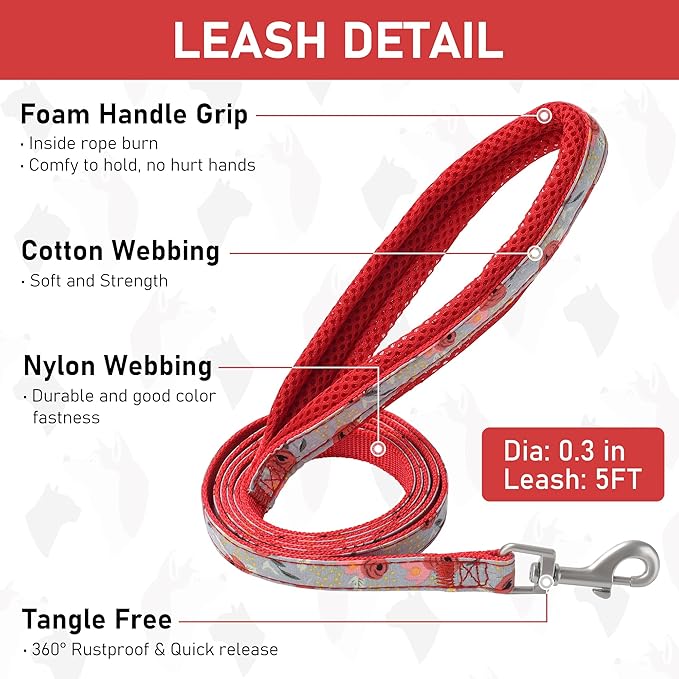 GAMUDA Small Dog Harness Collar and Leash Set, Step in No Chock No Pull Soft Mesh Adjustable Dog Vest Harnesses Plaid Reflective for Dogs Puppy Cats Kitten Rabbit (Red Flower, L) GAMUDACollarsCollection