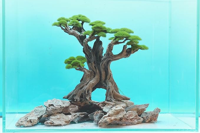 Fish Tank Decor- Bonsai Tree of The Forest with Faux Moss- Aquarium Rocks Aquascaping- Made of Sandstone, 8.8 x 4.3 x 7.8 inches Novelsite