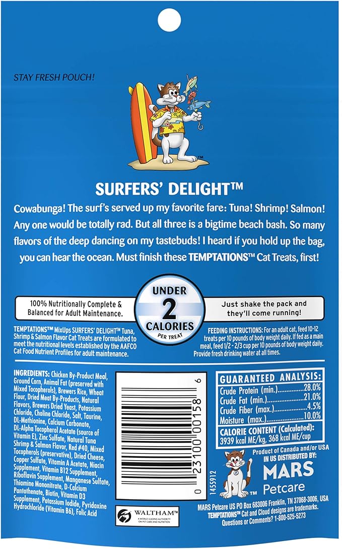 TEMPTATIONS MIXUPS Crunchy and Soft Cat Treats SURFERS' DELIGHT Flavor, (12) 3 oz. Pouches Temptations