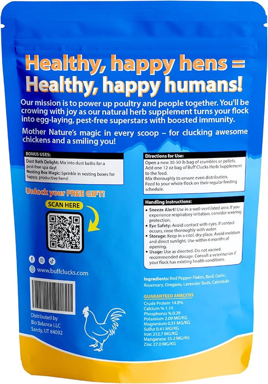 BuffClucks Herb Supplement for Backyard Chickens - Natural Chicken Treats, Poultry Feed Botanical Mix, Plant-Based Coop Snacks for Daily Wellness, Feather Quality, Egg Production - Crafted in USA 12oz PAWPICO