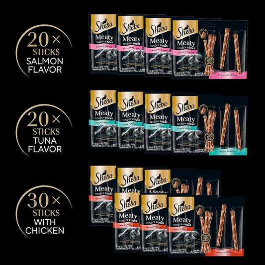 Sheba Meaty Tender Sticks Soft Cat Treats with Chicken, Tuna Flavor, and Salmon Flavor, 0.14 oz., 70 Count Sheba