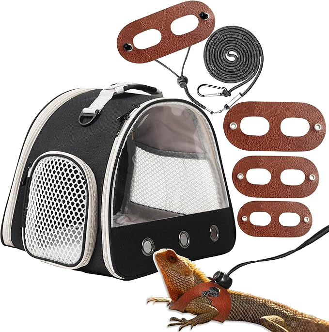 Guinea Pig Carrier,Guinea Pig Carrier for 2,Reptile Travel Carrier for Lizards Sugar Glider Hedgehog Rat Parrot Birds (Black, Carrier+Harness Leash Brown) WEVONIGU