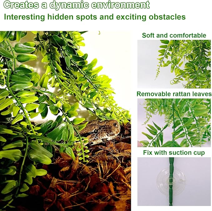 kathson Reptile Plants Hanging Plastic Fake Climbing Terrarium Plant Decor Bearded Dragons Corner Branch Habitat Decorations for Amphibian Lizards Crested Gecko Snake Hermit Crab Frogs (Bamboo) 3Pcs kathson