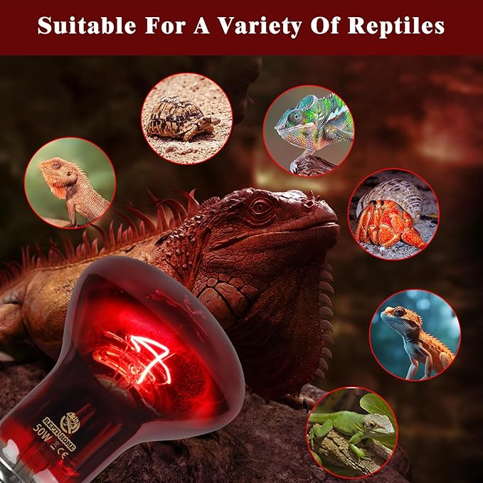 Reptile Heat Lamp,50W Red Basking Spot Lamp Bulb for Chickens Amphibians, Infrared Heat Emitter Light for Coop REPTIHOME