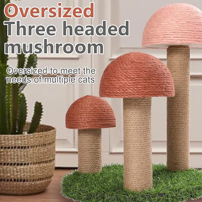 PowerKing Cat Scratching Post, Mushroom Claw Scratching Post for Cat, Natural Sisal Cat Scratchers with 3 Mushroom Pole, Cat Interactive Toys - PAWPICO