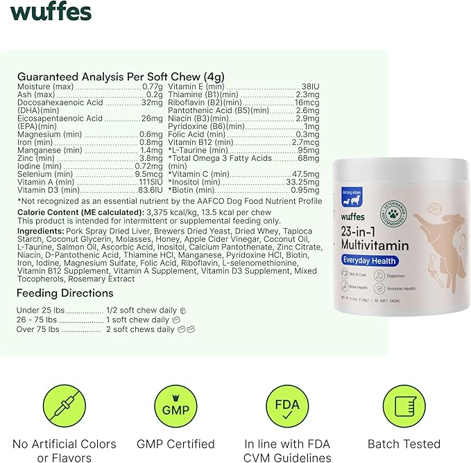 Wuffes 23-in-1 Chewable Dog Multivitamin&Supplements - Dog Multivitamin for Small&Large Breed - Pet Vitamins and Minerals for Coat, Heart, Hips&Joints, Digestion&Immune System, 30 Soft Chews (23-in-1) Wuffes