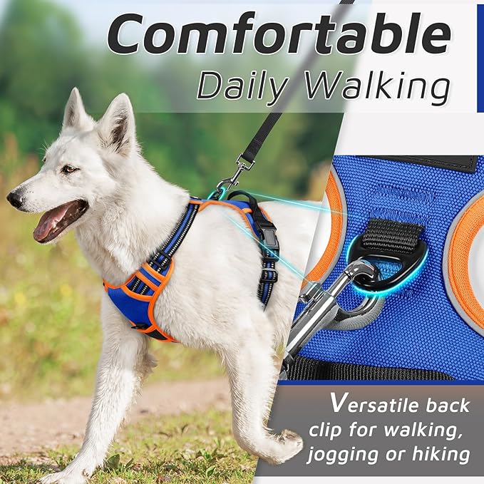 Eagloo Dog Harness for Large Dogs, No Pull Service Vest with Reflective Strips and Control Handle, Adjustable and Comfortable for Easy Walking, No Choke Harness with 2 Metal Rings, Blue & Orange, L GoExplorewithEagloo