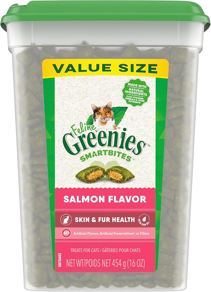 FELINE GREENIES SMARTBITES Skin & Fur Health Crunchy and Soft Natural Cat Treats, Salmon Flavor, 16 oz. Tub GREENIES
