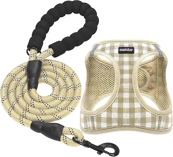 Dog Harness Step-in Breathable Puppy Cat Dog Vest Harnesses for Small Medium Dogs Beige Checkered matilor
