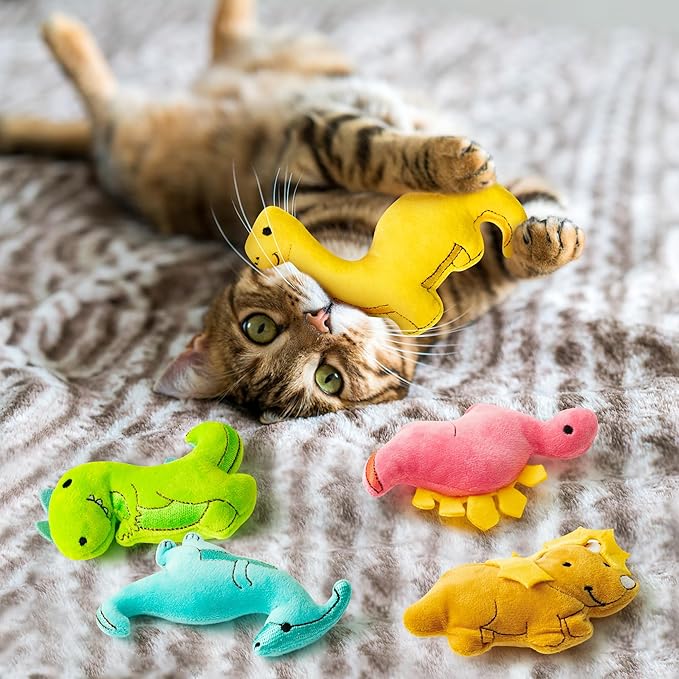 MALLMALL6 5Pcs Dinosaur Catnip Toys for Cat, Indoor Cat Chew Bite Bunny Kick Plush Catmint Pet Toys Supplies for Cat Lover Gifts, Interactive Cat Toy with Cute Expression for Pet Presents - PAWPICO