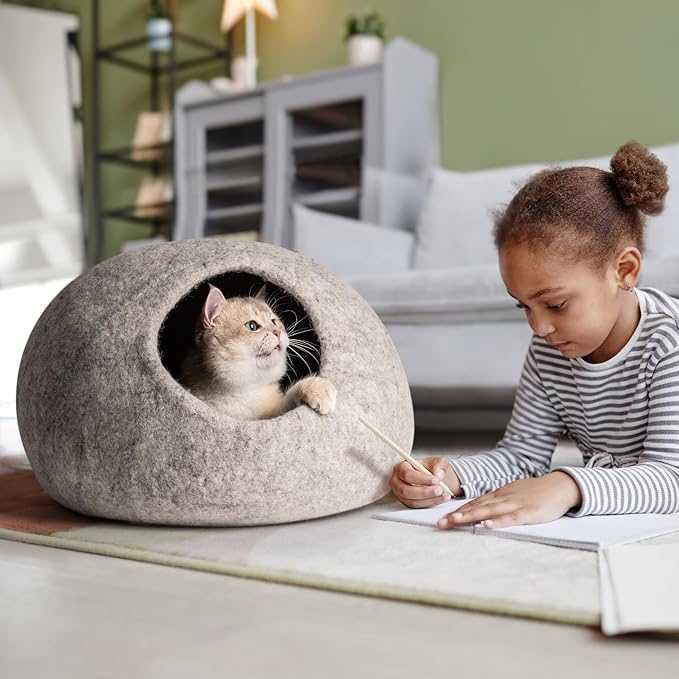 Cat Cave Bed -Handmade Wool Cat Bed Cave, Cat Bed Cat House, Felt Cat Caves for Indoor Cats and Kittens - PAWPICO