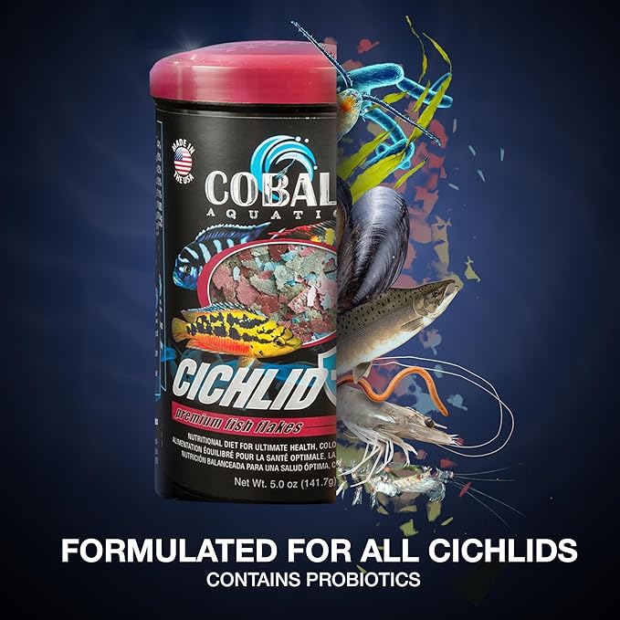 Cobalt Aquatics Cichlid Flakes 32oz - Probiotic Formula for Growth, Color & Health - Blue Flakes for Digestive & Immune Support - for Clear Aquariums COBALTAQUATICS
