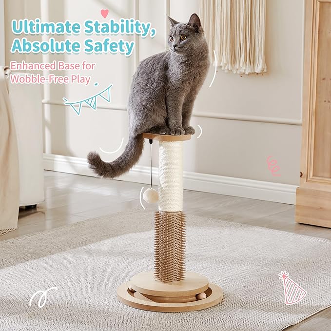 Made4Pets Cat Scratching Post 18" Tall for Small Kittens, 4-in-1 Cat Scratcher with Natural Sisal Ropes, Wooden Turntable Track Toy with Self Grooming Brush, Premium Scratch Pole with Plush Balls - PAWPICO