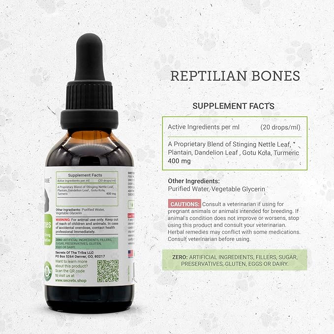 Reptilian Bones | Natural Herbal Dietary Pet Supplement for Reptiles | Support Healthy Bones | Alcohol-Free Extract, Stinging Nettle Leaf, Plantain, Dandelion Leaf, Gotu Kola, Turmeric 2 oz SecretsOfTheTribe