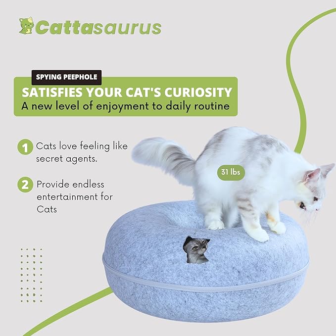 CATTASAURUS Peekaboo Cat Cave for Multiple & Large Cats Up to 30-45 Lbs, Scratch Detachable & Washable Tunnel Bed, Comfy Donut Cat Cave (Light Gray, Jumbo) - PAWPICO