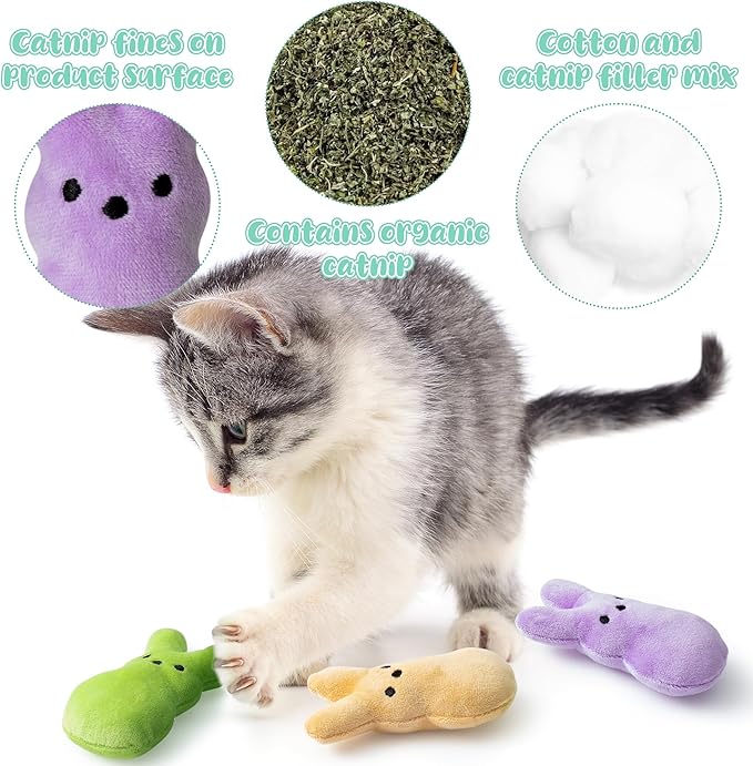 MALLMALL6 5Pcs Easter Bunny Catnip Toys Gift for Cat, Indoor Cat Chew Bite Kick Plush Colorful Rabbit Peeps Catmint Pet Toys for Cat Lover Gifts, Cute Interactive Cat Toy for Pet Presents - PAWPICO
