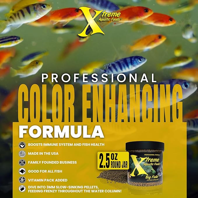Xtreme Big Fella 3.0mm Pellets: Professional Nutrition for Medium to Large Cichlid/Community Fish - Boost Immune & Digestive Health, Color & Energy, Max Protein Fish Food – USA Farm Grown (2.5oz) XtremeAquaticFoods