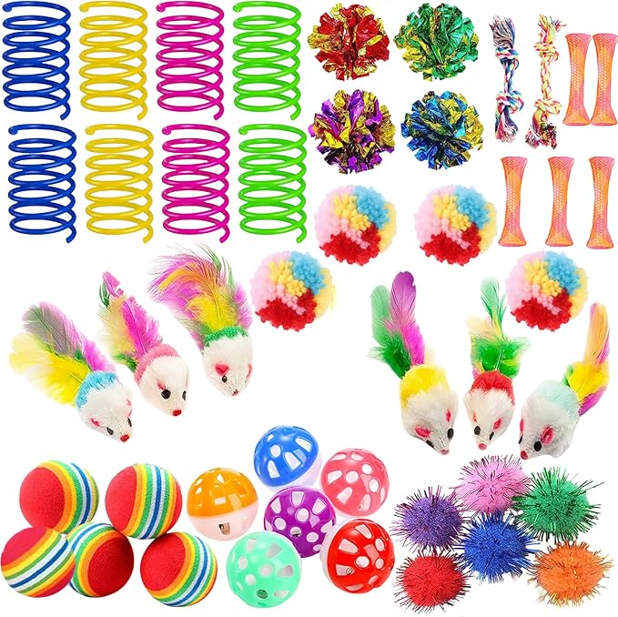 46 PCS Cat Toys for Indoor Cats, Kitten Toys with Cat Spring Toy, Mint Catnip Toys for Cats with Crinkle Cat Toy Mouse Cat Ball Toy for Indoor Cats Kittens Exercise - PAWPICO