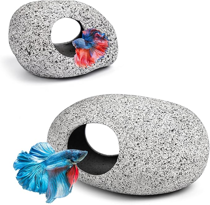 Aquarium Decorations Cave Fish Tank Accessories Rock Decor for Shrimp Cichlid Hiding Breeding Small Fish Bowl Hide Decoration Betta Toys Hideout Stones House(2pcs) Ameliade