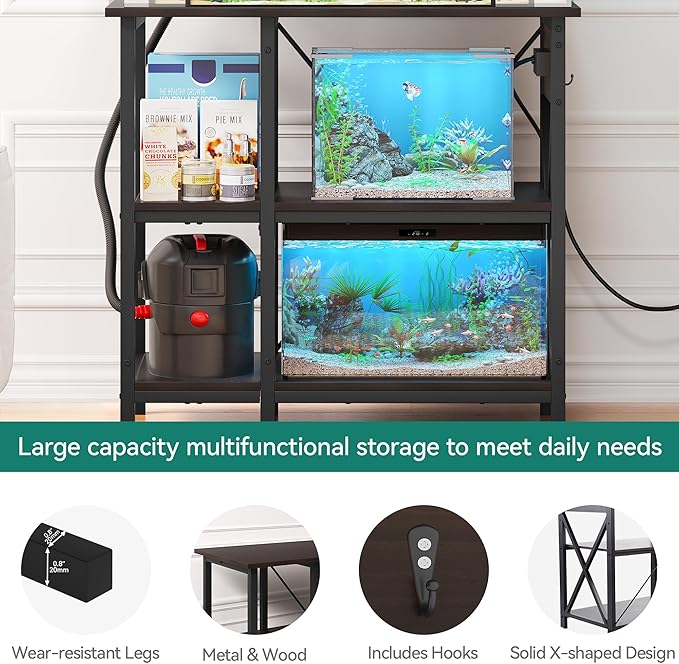 YITAHOME 10-29-37 Gallon Fish Tank Stand with Power Outlet, 30x16 Inch Metal Aquarium Stand with 3-Tier Adjustable Storage Shelves and Hooks, 450LBS Capacity,Black YITAHOME