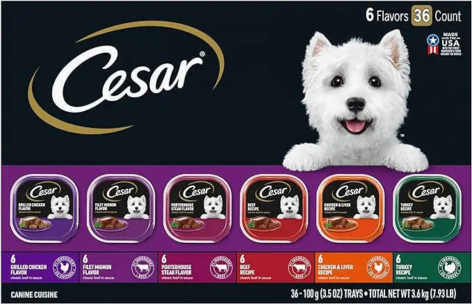 CESAR Adult Wet Dog Food Classic Loaf in Sauce Grilled Chicken, Filet Mignon, Porterhouse Steak, Beef, Chicken & Liver and Turkey Variety Pack, 3.5 oz. Easy Peel Trays, Pack of 36 - PAWPICO