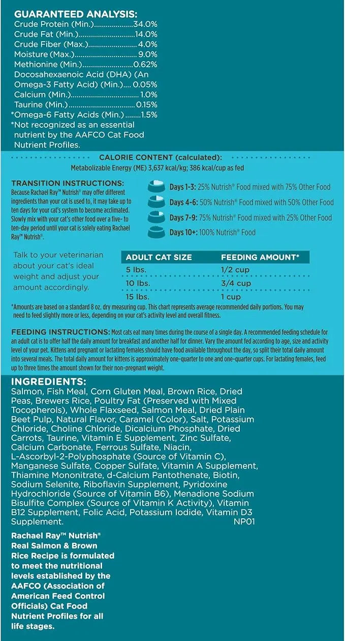 Nutrish Rachael Ray Premium Natural Dry Cat Food with Added Vitamins, Minerals & Other Nutrients, Real Salmon & Brown Rice Recipe, 6 Pound Bag - PAWPICO