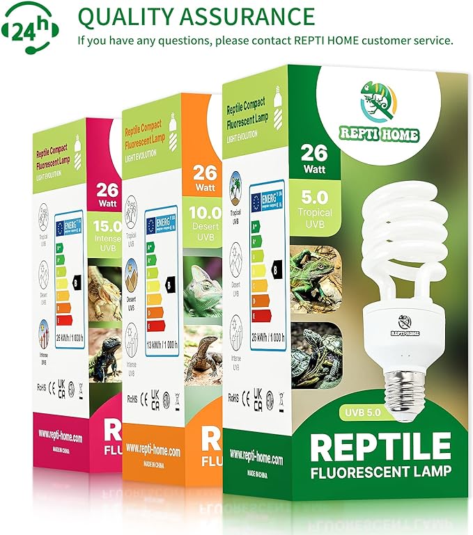 UVB Reptile Light 5.0, 26W Tropical and Sub-Tropical UVA UVB Bulb for Reptiles, Tropical Terrarium Compact Fluorescent Lamp, Reptile UVB Light Bulb for Chameleons, Iguanas, and Turtles REPTIHOME