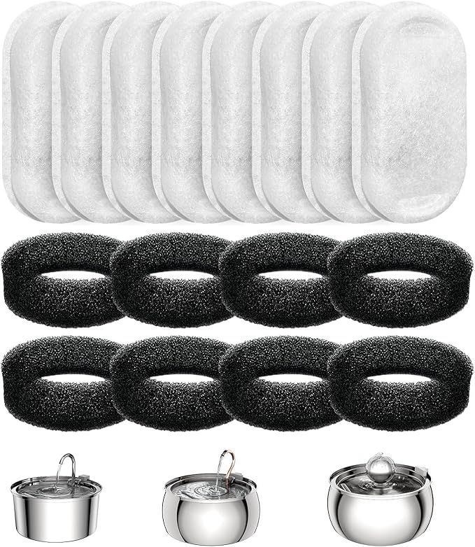 Official Tomxcute Cat Water Fountain Filters for 108oz/3.2L and 135oz/4.0L Adjustable Water Flow Pet Water Fountain, Ultra-Quiet Cat Water Fountain 8 Packs Filters & 8 Sponges Foam Filters - PAWPICO