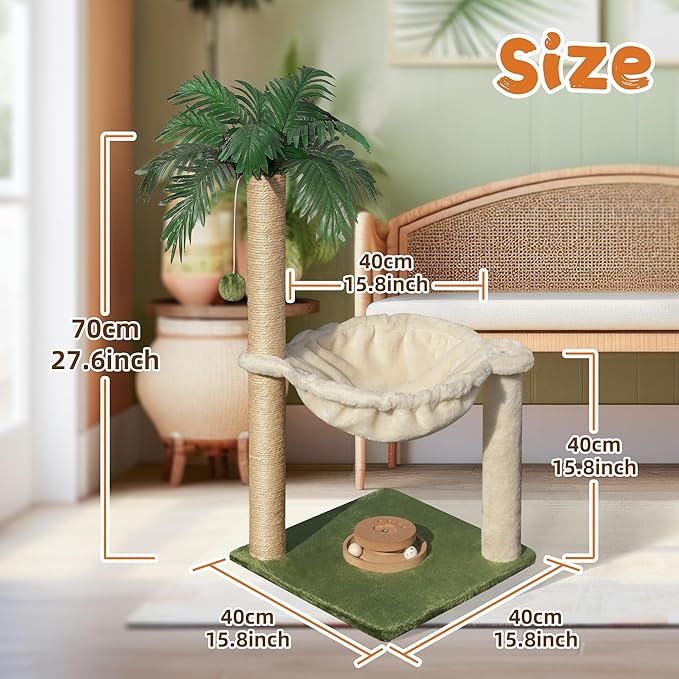 Cat Scratching Post 30 Inches Small Cat Tree Tower with Cat Hammock, Cat Hammock with Cat Toy Wooden Interactive, Cat Condo for Kitten and Adults Cat - PAWPICO