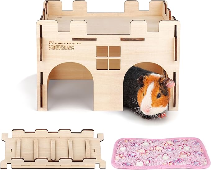 hiimalex Wooden Hamster Castle House with Ramp and Plush Bedding for Chinchilla Guinea Pig Hedgehog Gerbil Hamster Rat Durable Habitats for Playing and Hiding MakeTheKingdomforYourBunnies