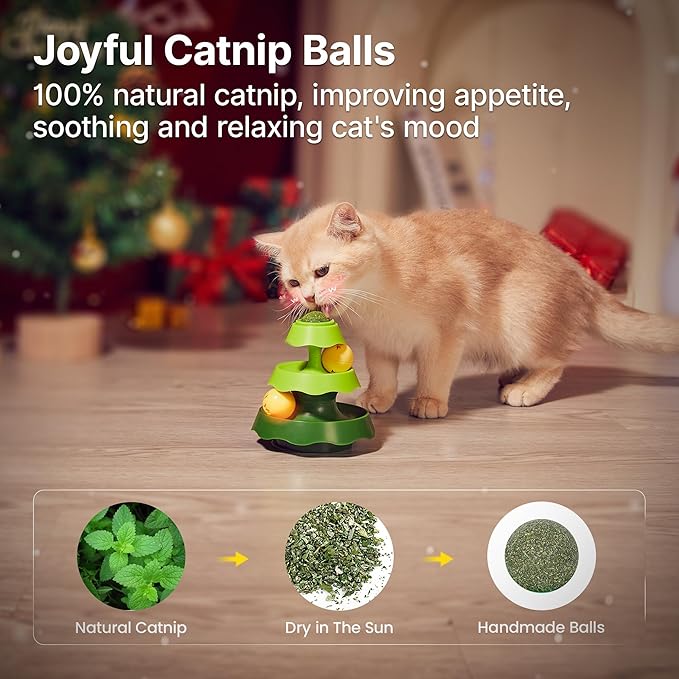 Potaroma Mini Sized Cat Toys with Catnip on Top, 2-Level Roller Turntable Two Cat Balls Interactive Indoor Kitten Physical Exercise Kitty Toys 5.5 Inches - PAWPICO