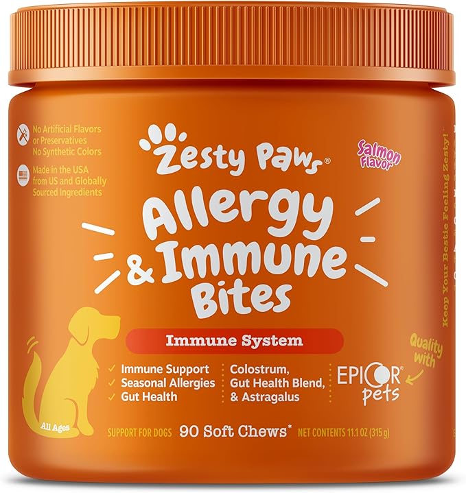 Zesty Paws Dog Allergy Relief- Dog Itching Skin Relief- Dog Probiotics for Itchy Skin and Itchy Ears- Dog Allergy Paw Relief- Dog Allergy Chews- Dog Itch Relief- Dog Skin Allergy Relief- Salmon- 90ct ZestyPaws