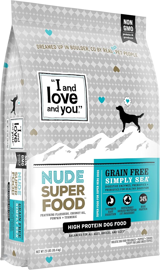 I AND LOVE AND YOU Nude Super Food Dry Dog Food - Salmon + Whitefish - Prebiotic + Probiotic, Grain Free, Real Meat, No Fillers, 23lb Bag - PAWPICO